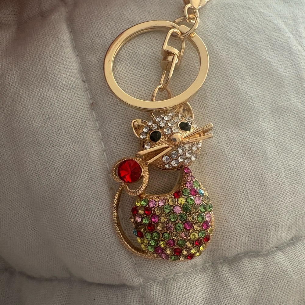 Gold Cat Keychain with Multicolor Crystals